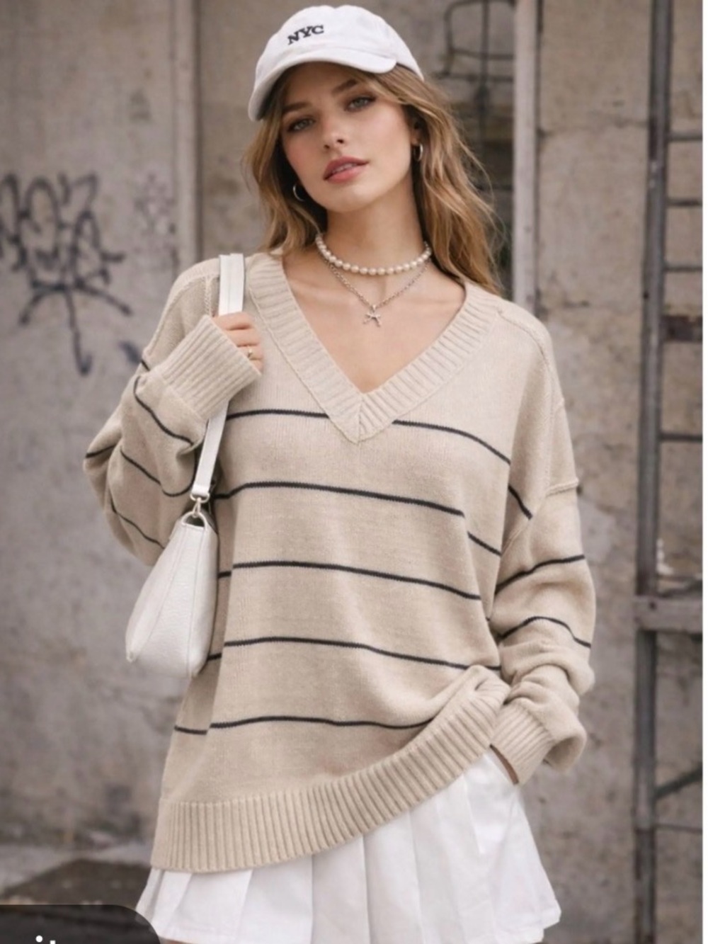 Altar'd State Cream V-Neck Sweater with black Stripes